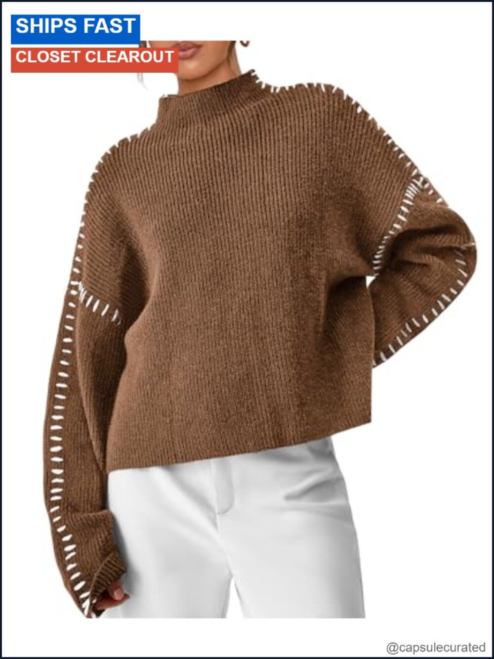 Chunky Knit Oversized Pullover Sweater Mock Neck Long Sleeve Cropped